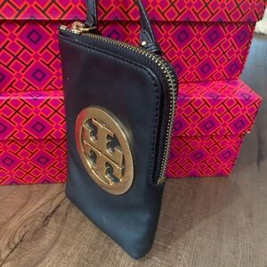 Tory Burch Black Wristlet with Gold Logo
